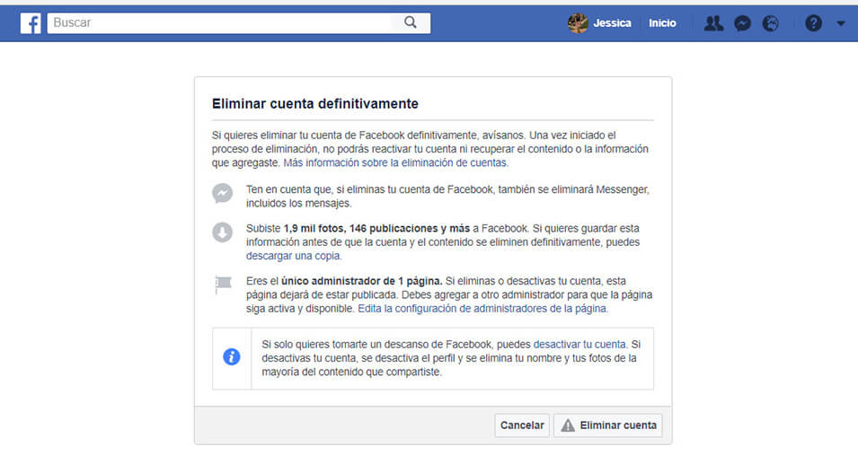 Eliminar datos y cuenta de Facebook