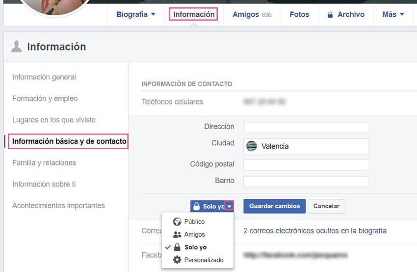 Información básica Facebook - Domicilio