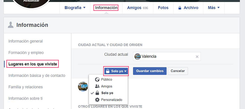 Información básica Facebook - Lugares