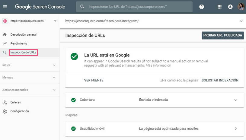 Inspección URL Search Console nuevo